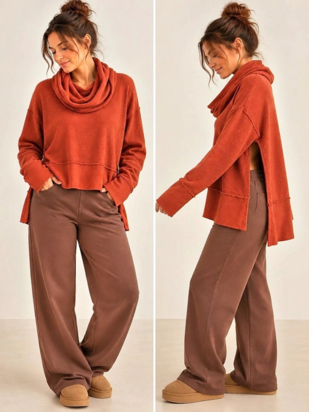 FP Beach by Free People Cowl Neck Side Slit Sweater Rust Orange S